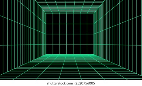 3D wireframe room on green background. Abstract perspective grid. Vector illustration.