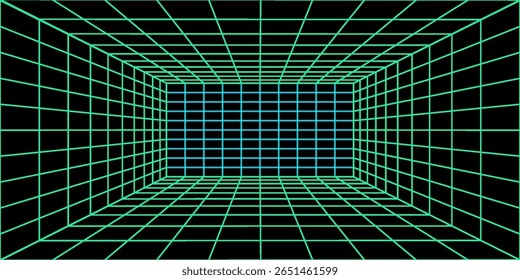 3D wireframe room on green background. Abstract perspective grid. Vector illustration.