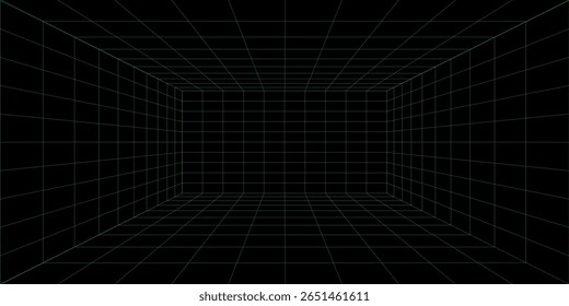 3D wireframe room on green background. Abstract perspective grid. Vector illustration.