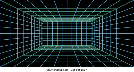 3D wireframe room on green background. Abstract perspective grid. Vector illustration.