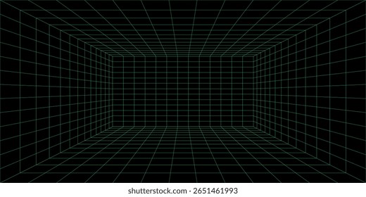3D wireframe room on green background. Abstract perspective grid. Vector illustration. vector illustration