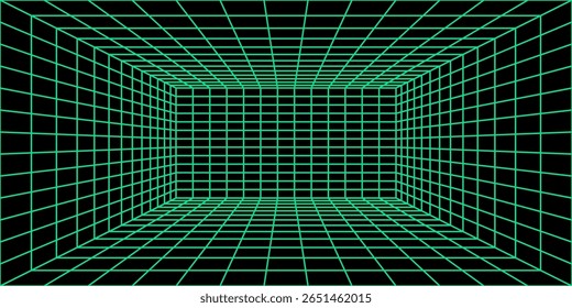 3D wireframe room on green background. Abstract perspective grid. Vector illustration. vector illustration