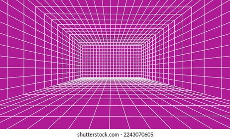 3D wireframe room on soft purple background. Abstract perspective grid. Vector illustration.