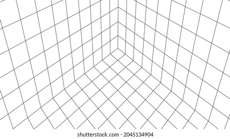 3D wireframe room on the white background. Vector perspective grid. Box with digital space.
