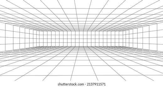 3D wireframe room on the white background. Vector perspective grid. Box with digital space.