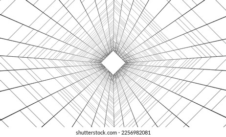 3D wireframe room on the white background. Vector perspective grid. Box with digital space.