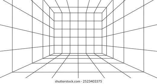 Sala de alambre 3D sobre fondo blanco. Cuadrícula de perspectiva Abstractas. Ilustración vectorial.