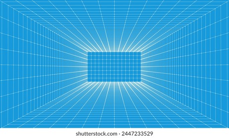 3D-Drahtmodell-Raum. Perspektive-Lasergitter. Eine Vorlage für die Innenarchitektur in der Perspektive. Cyberspace blauer Hintergrund mit weißem Mesh.