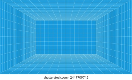 sala de alambre 3d. Rejilla láser de Perspectiva. Una Plantilla para el diseño de interiores en perspectiva. Fondo azul ciberespacio con malla blanca.