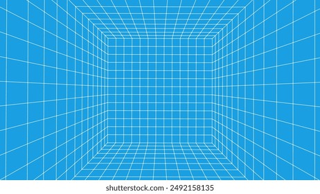 3d wireframe room. Perspective laser grid. A template for interior design in perspective. Cyberspace blue background with white mesh.