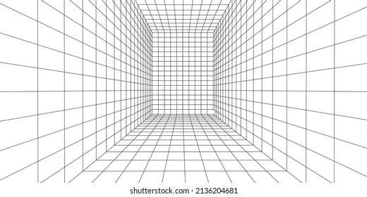  habitación de marco acolchado 3D de color blanco sobre fondo azul. Cuadrícula de perspectiva abstracta. Ilustración vectorial.