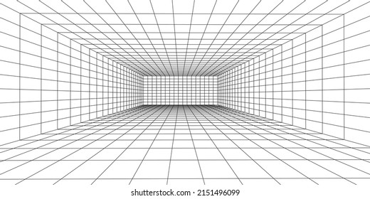  3D wireframe room white on blue background. Abstract perspective grid. Vector illustration.