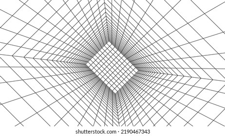  3D wireframe room white on blue background. Abstract perspective grid. Vector illustration.