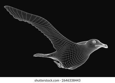 A 3D wireframe seagull in mid-flight, rendered with realistic detail against a dark background. The bird's wings are outstretched, capturing dynamic motion.