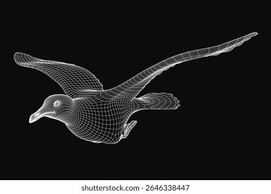 A 3D wireframe seagull in mid-flight, rendered with realistic detail against a dark background. The bird's wings are outstretched, capturing dynamic motion.