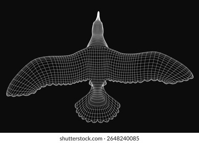 A 3D wireframe seagull spreads its wings mid-flight against a dark backdrop, showcasing intricate digital modeling. The bird's realistic form and dynamic pose highlight detailed feather structure