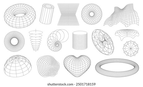 3d wireframe shapes, brutal perspective grid, retro tech mesh abstract geometric figures. Vector wireframe sphere, globe, torus and heart, wave and spiral grid, cylinder, tunnel and polygon shape mesh