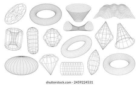 3D wireframe shapes, brutal and tech grids in retro perspective mesh, vector elements. Abstract wireframe shapes torus and tunnel, geometric polygon and planet with funnel in 3D perspective wire mesh