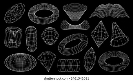 Formas de estructura metálica 3D, redes brutales y tecnológicas o malla de perspectiva retro, formas de Vector. Formas geométricas Abstractas en líneas de alambre o Elementos gráficos isométricos en malla de malla de alambre de círculo, globo y túnel