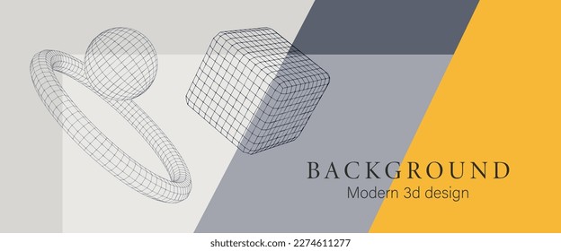 3d wireframe shapes for business banner template. Abstract geometric minimalist vector background. Science, technology futuristic poster with torus, sphere, cube.
