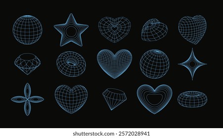 3d wireframe shapes collection. Perspective grid figures, retro tech mesh blue line vector elements on black. Dimensional illustration set of abstract transparent objects. Sphere, torus and heart