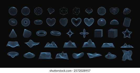 3d wireframe shapes collection. Perspective grid figures, retro tech mesh blue line elements on black. Dimensional vector set of abstract transparent objects. Sphere, torus, mountains and slopes