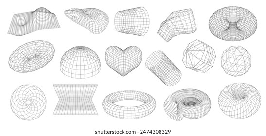 3d Wireframe shapes, geometric figures with grid surface. Heart, semi-sphere, torus and net, cyber globe or spiral. Vector mesh science objects, fractals and graphic forms. Waves, wire constructions