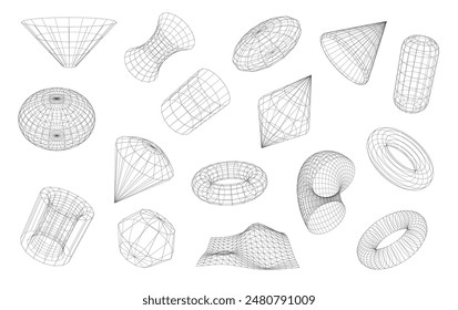 Formas 3d Wireframe, figuras volumétricas geométricas con superficie de enrejado. Esfera bola, toro y red, globo cibernético, cono y embudo. Vector objetos científicos, Fractales, formas gráficas estructuras de alambre