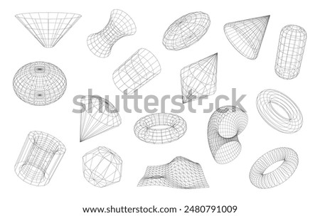 3d Wireframe shapes, geometric volumetric figures with lattice surface. Sphere ball, torus and net, cyber globe, cone and funnel. Vector scientific objects, fractals, graphic forms wire structures