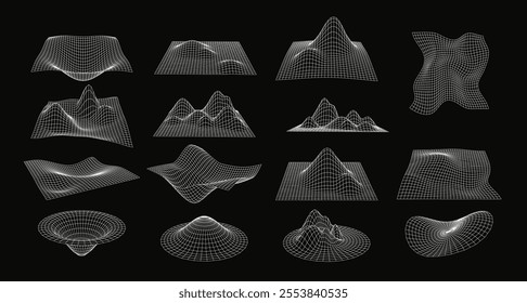 3d wireframe shapes, perspective grid waves, retro tech mesh white line elements on black. Dimensional wireframes vector set. Abstract geometric transparent objects, mountains and slopes