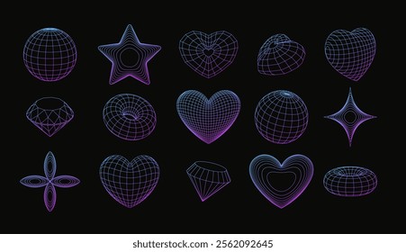 3d wireframe shapes, perspective grid figures, tech mesh purple gradient line elements vector set on black. Dimensional abstract transparent objects. Sphere or globe, torus and heart Y2K aesthetic