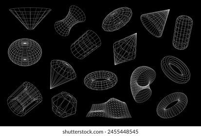 3D wireframe shapes and wire mesh grid forms, brutal and retro perspective tech, abstract vector. Wireframe globe sphere, tunnel and cone pyramid with polygon and funnel in 3D wire line mesh