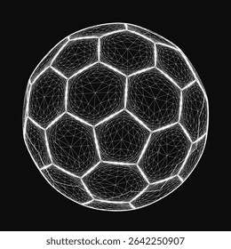 A 3D wireframe soccer ball composed of interconnected lines and geometric shapes, floating on a sleek black background. The intricate design highlights the ball's structure with a modern, digital.