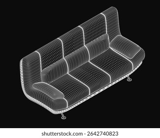 3D wireframe sofa model on a black background, showcasing realistic contours and structural details. The minimalist design highlights clean lines and modern aesthetics.
