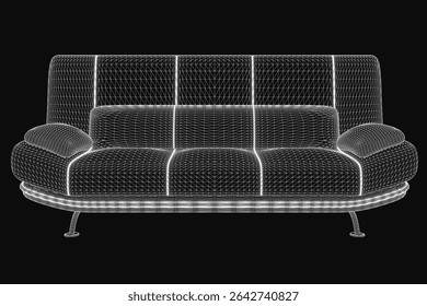 3D wireframe sofa model on a black background, showcasing realistic contours and structural details. The clean design highlights modern aesthetics with precise edges and a minimalist style.