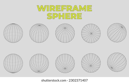 3D Wireframe sphere collection. globe or ball in circle net wire. Retro futuristic aesthetic. geometry wireframe shapes grid. cyberpunk elements in trendy psychedelic rave style