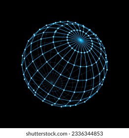 3d wireframe sphere and futuristic ball shape. Virtual wireframe model, futuristic blue wire vector model, data visualization dimensional grid sphere hologram. Digital technology geometric ball