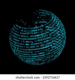 3D wireframe of sphere made of binary code. Virtual reality and Technology concept.