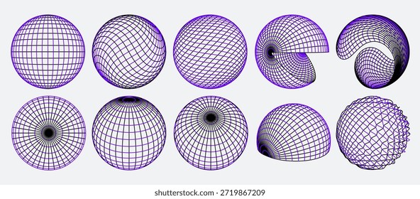 3D-Drahtgitterkugeln. Geometrische Gitterkugeln, abstrakte Planetenformen und kreisförmige Netzwerkkugeln. Längen- und Längengrad-Meridianlinien, futuristische, cyber-verzerrte Form, Tech-Orb und digitale Weltkarte mit glatten bearbeitbaren Strichlinien, Vektorsatz