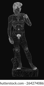 A 3D wireframe statue of a man resembling David stands on a black background, featuring intricate geometric lines and a futuristic aesthetic. The minimalist design highlights the human