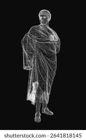A 3D wireframe statue of a man in a robe stands against a black background, composed of intricate lines and geometric shapes. The detailed mesh design resembles a futuristic or digital sculpture,.