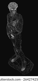 A 3D wireframe statue of a man standing on a surfboard, resembling the iconic David sculpture. The intricate mesh design contrasts sharply against the black background, creating a modern and artistic.