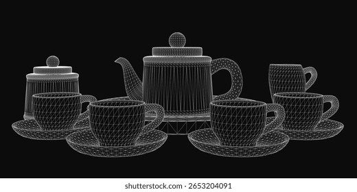 A 3D wireframe tea set features a teapot and various cups with saucers arranged symmetrically on a black background. The white outlines contrast sharply against the dark backdrop.