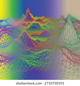 3D wireframe terrain with peaks and valleys rendered in vibrant gradient colors across triangular mesh.