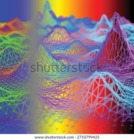 3D wireframe terrain with peaks and valleys rendered in full-spectrum gradient from blue to red.