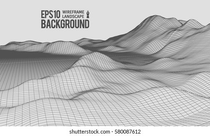 3D Wireframe Terrain Wide Angle EPS10 Vector
