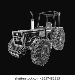 A 3D wireframe tractor model stands out against a black background with realistic rendering and detailed structure. The design highlights mechanical components and clean lines for a modern aesthetic.