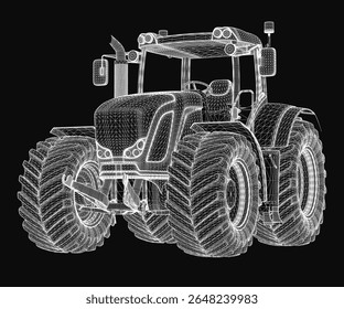 A 3D wireframe tractor rendered in realistic style with detailed lines and curves, set against a stark black background. The white model stands out prominently, showcasing lifelike precision
