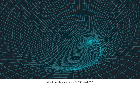 3D Wireframe tunnel. Perspective grid background. Mesh wormhole model. Vector illustration.