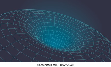 3D Wireframe tunnel. Perspective grid background. Mesh wormhole model. Vector illustration.